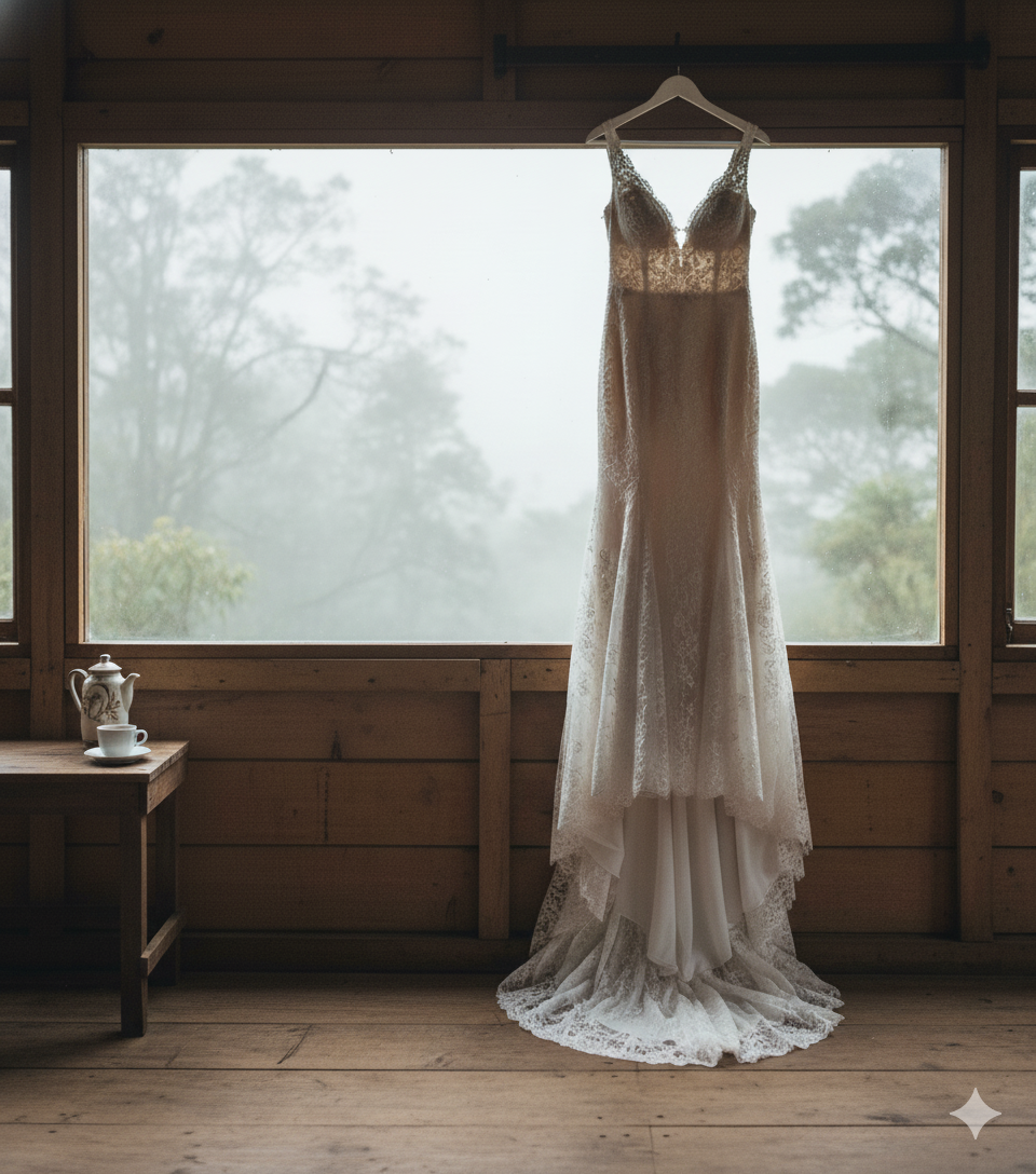 Novia preparándose en una cabaña rústica en Monteverde