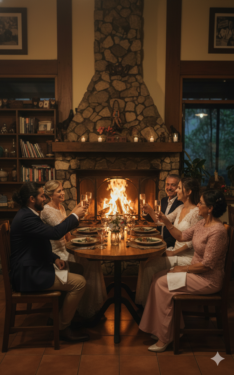 Brindis de boda junto a una chimenea en Monteverde