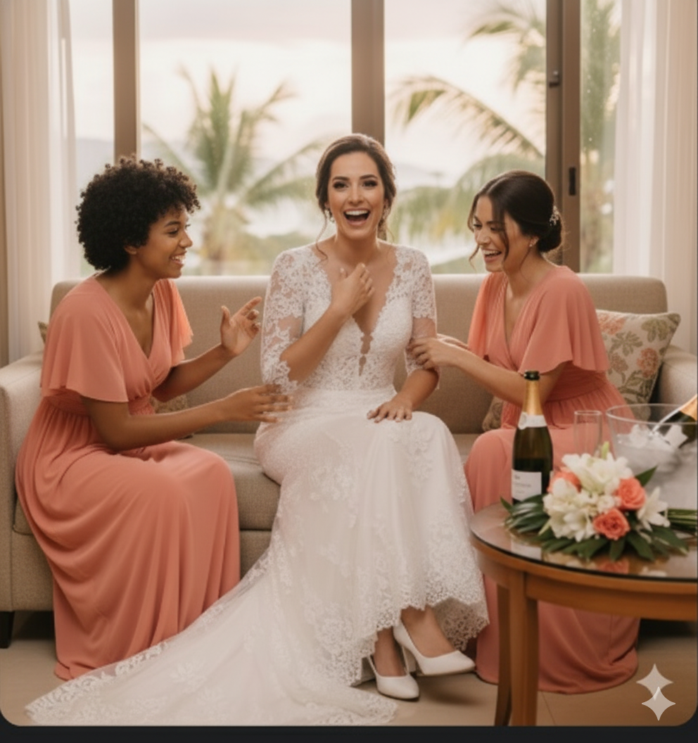 Novia riendo durante los preparativos en Santa Teresa