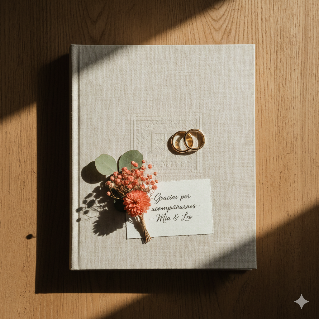 Detalles de álbum de boda y anillos